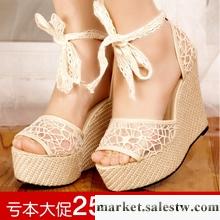 2012夏季新款 時尚歐美性感蕾絲腳踝綁帶防水臺坡跟高跟涼鞋 女鞋工廠,批發,進口,代購