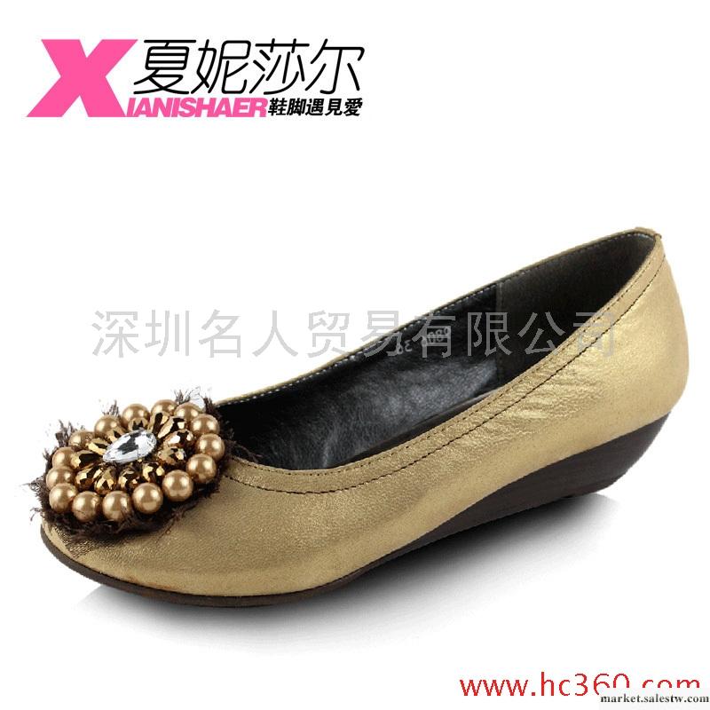 夏妮莎爾 春季新款女鞋 淺口坡跟真皮單鞋中跟水鉆羊皮淑女鞋工廠,批發,進口,代購