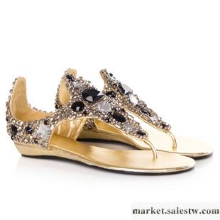 供應新款女鞋 親怡 手工寶石夾趾平跟羅馬鞋 平底水鉆涼鞋 水晶鞋工廠,批發,進口,代購