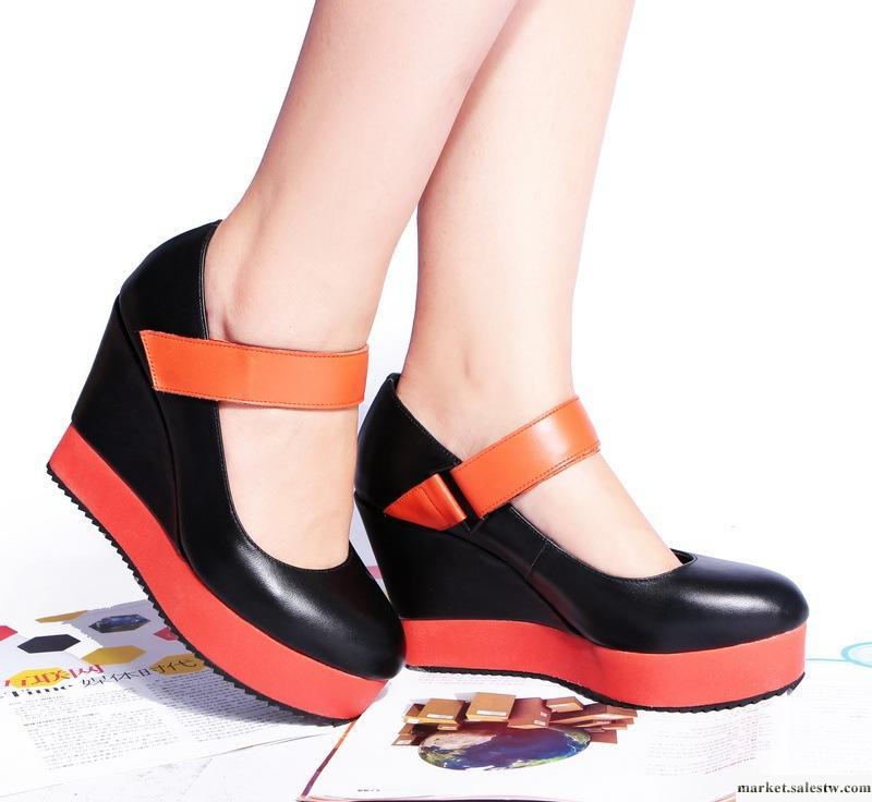 女鞋 批發2012新款T821真皮單鞋 高跟鞋防水臺 時尚撞色坡跟鞋工廠,批發,進口,代購