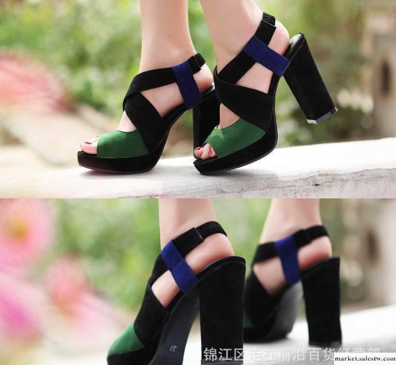 2012新款夏季女鞋歐美防水臺魚嘴鞋真皮羅馬撞色高跟鞋 涼鞋女鞋工廠,批發,進口,代購