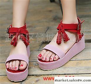 女鞋2012新款撞色流蘇坡跟涼鞋羅馬包跟厚底松糕女鞋子工廠,批發,進口,代購