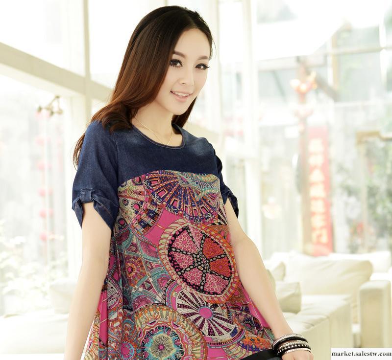 衣露薇正品2012夏季新品韓版圓領花色泡泡袖五分袖復古牛仔雪紡衫工廠,批發,進口,代購