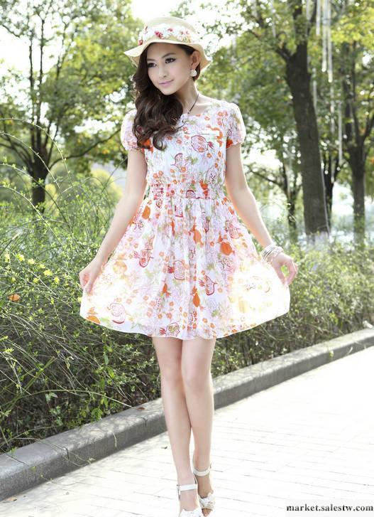 衣露薇正品2012夏裝新款韓版雪紡碎花方領高腰短袖短裙彈力連衣裙工廠,批發,進口,代購