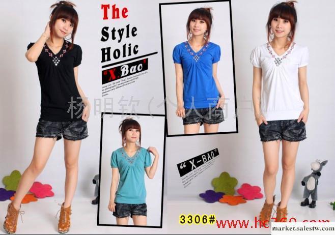 供應3306#韓版v領燙鉆短袖全棉針織衫批發・進口・工廠・代買・代購