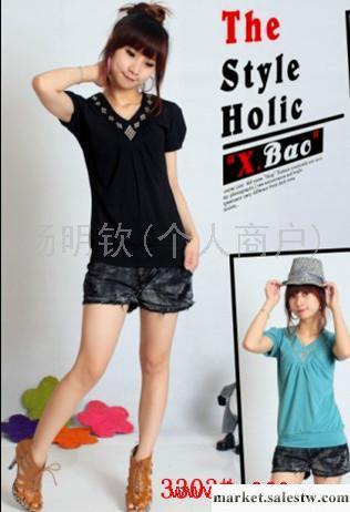 供應3303#全棉韓版v領燙壓克力鉆短袖針織衫批發・進口・工廠・代買・代購