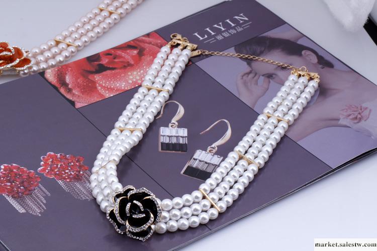 韓版 奧鉆珍珠三排串珠玫瑰花式高貴項鏈卡脖鏈 摩登時尚 大氣工廠,批發,進口,代購