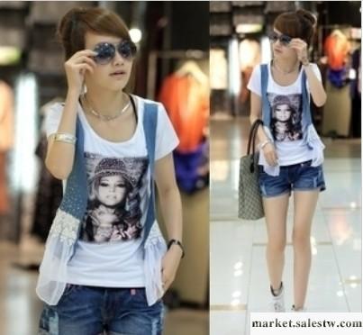 韓版2012夏裝新款女裝假兩件套蕾絲拼接百搭短袖T恤 FK937工廠,批發,進口,代購