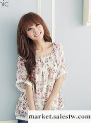 2012夏裝新款 韓版 花朵 松緊 方領 中袖 雪紡衫工廠,批發,進口,代購