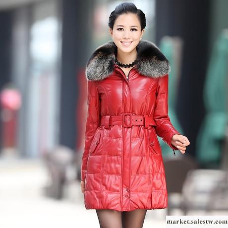 供應 杉娜2012秋冬新款 海寧真皮皮衣女長款 真皮羽絨服韓版狐貍領外套工廠,批發,進口,代購
