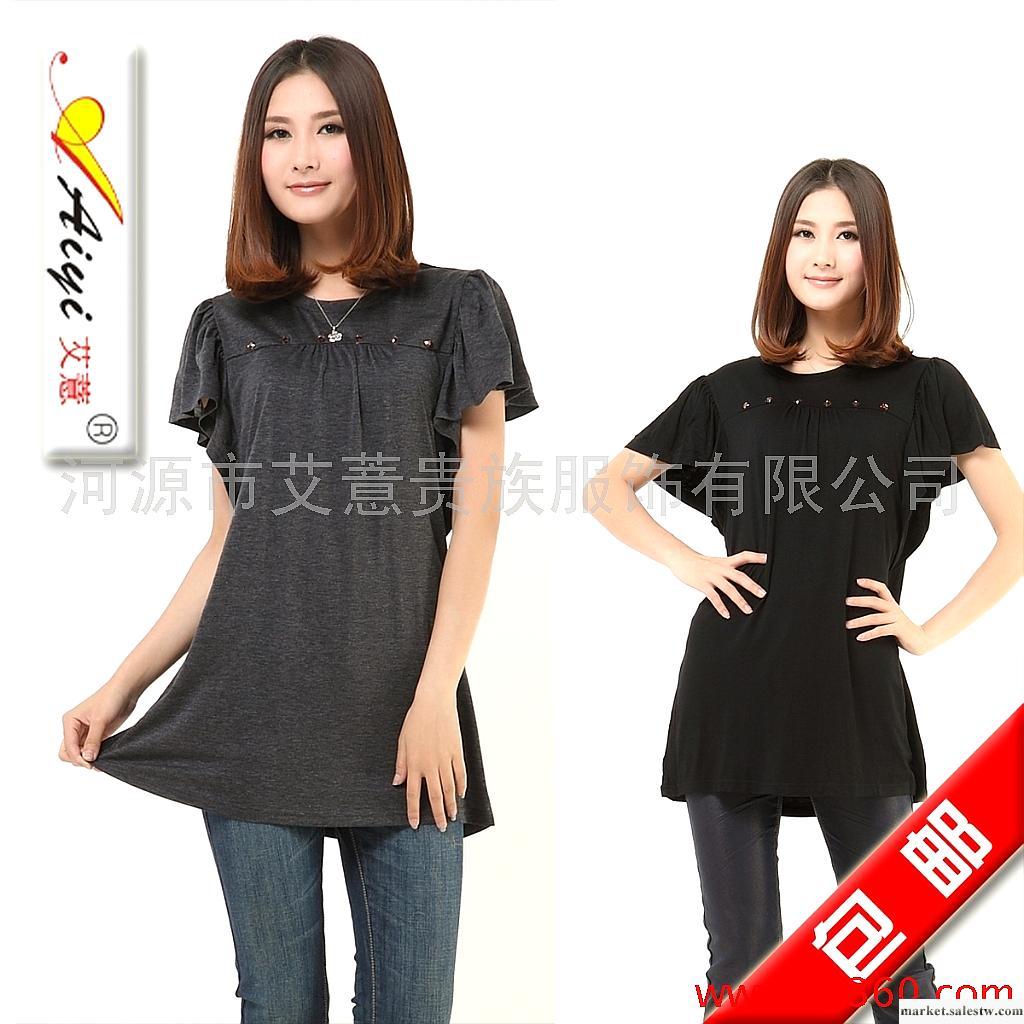 供應【艾薏Aiyi】夏新 荷葉褶皺袖寬松韓版鑲鉆休閑長T恤 TS009工廠,批發,進口,代購