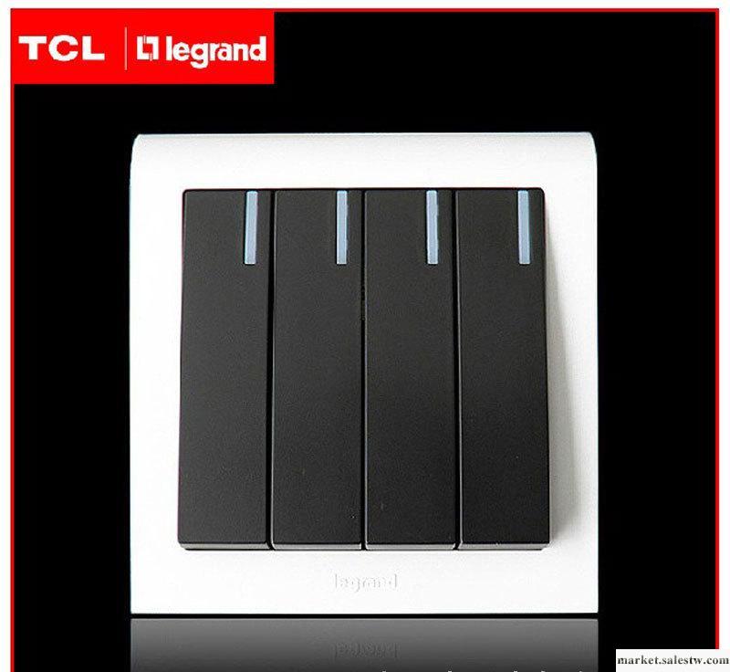 供應TCL羅格朗K5經典系列白框玉石銀邊+黑芯四開單控帶LED燈開關工廠,批發,進口,代購