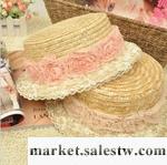 供應M43日系花朵蕾絲邊麥稈帽平頂草帽 禮帽 帽子 遮陽帽花朵蕾工廠,批發,進口,代購