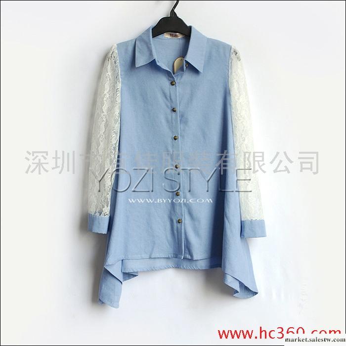 ZC054-020夏裝新品2012日系森女蕾絲翻領長袖長款牛仔襯衫工廠,批發,進口,代購