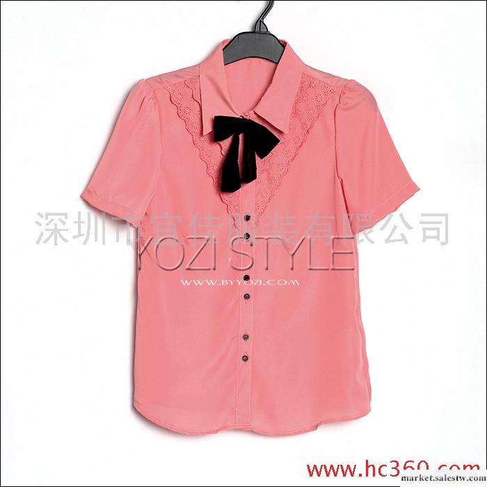 AA004-0112012夏季日系新品女裝蝴蝶結翻領短袖短款開襟雪紡襯衫工廠,批發,進口,代購