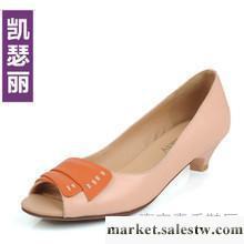 供應凱瑟麗 2013夏季新款女士鞋子 韓版真皮魚嘴鞋中跟撞色涼鞋工廠,批發,進口,代購