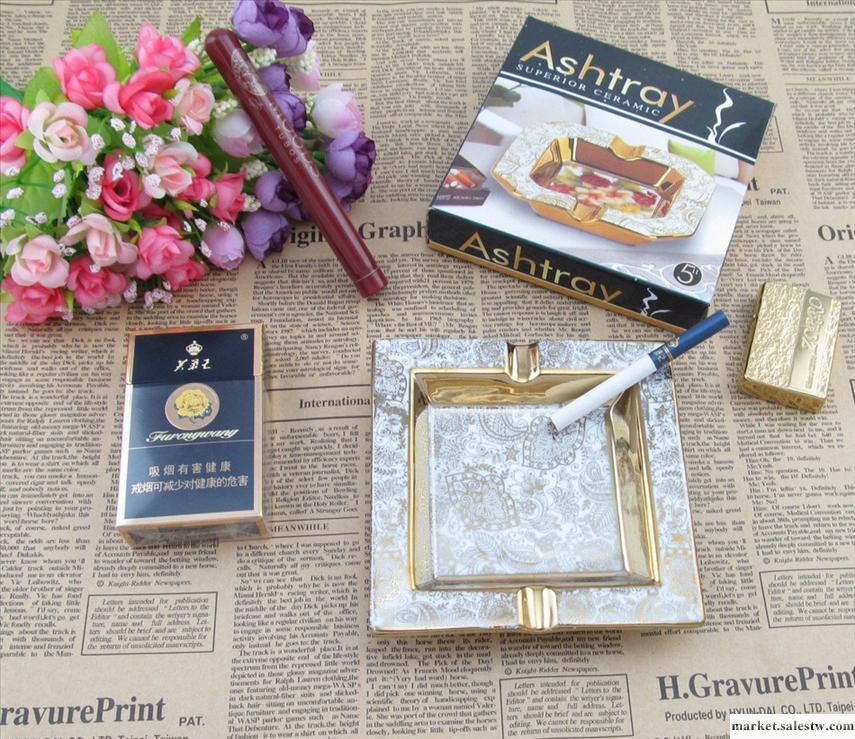 出口原單 禮品 陶瓷 鍍金 歐式 廣告 煙灰缸 5寸正方形煙缸 特價工廠,批發,進口,代購